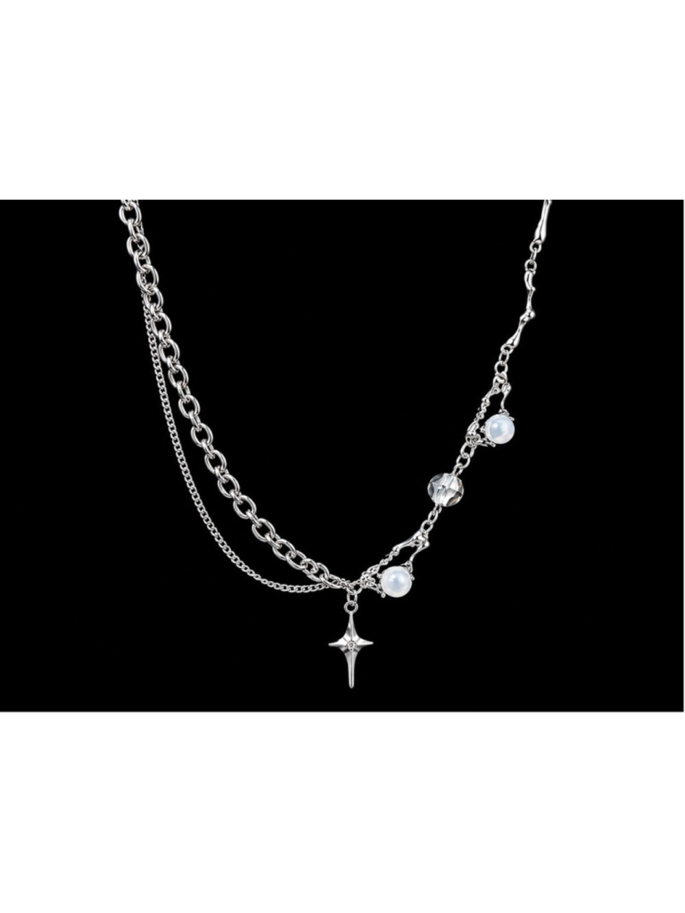 Layered Stainless Steel Celestial Star Charm Necklace Silver Tone Moonstone Sty